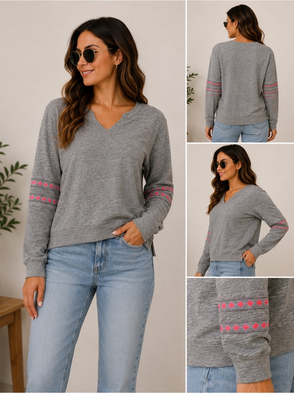 Rebecca Minkoff Canyon Sweatshirt Grey Melange Embroidered Sleeve XS NWT